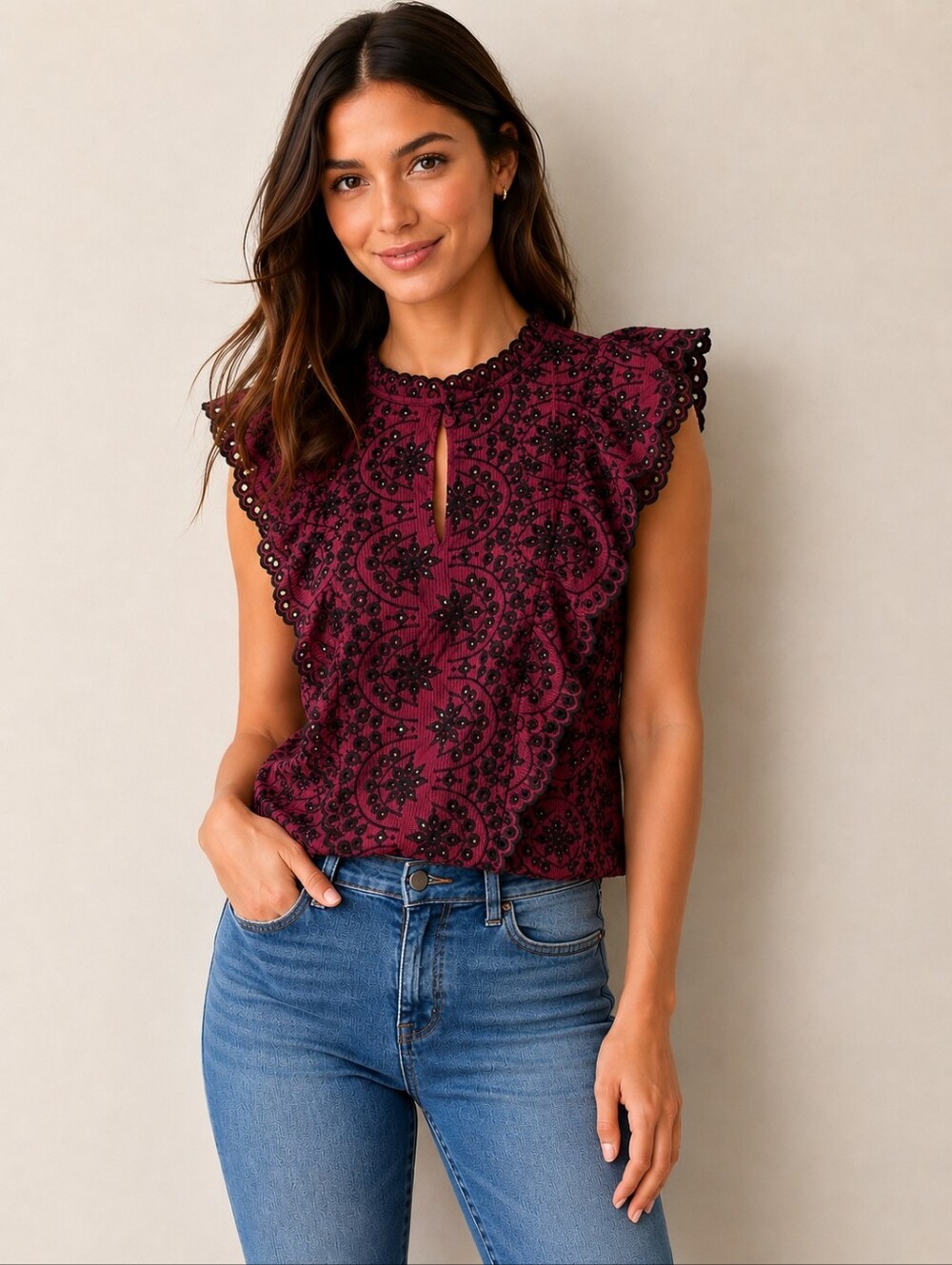 ❤️ AMARYLLIS RUFFLED EMBROIDERED EYELET TOP, SMALL